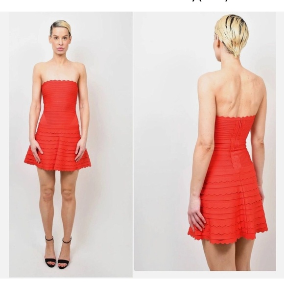 Herve Leger Red Fit and Flare Strapless Scalloped Bandage Dress Size Medium - Picture 14 of 15